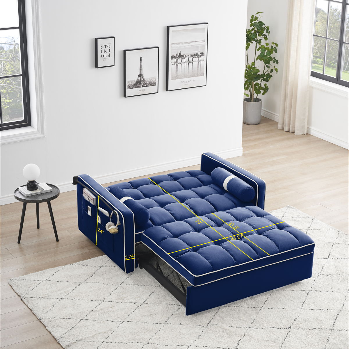 Modern Convertible Sleeper Sofa Couch With Pull Out Bed With Pillows & Side Pockets For Small Space, Living Room