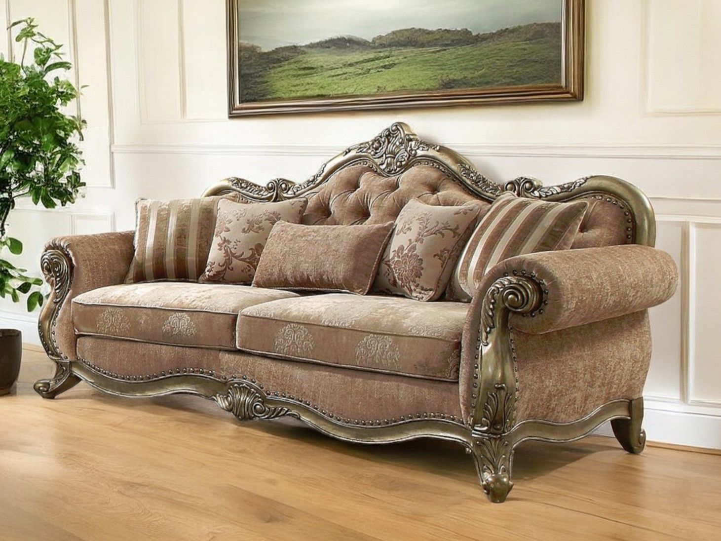 Velvet Floral Sofa And Toss Pillows With Champagne Legs - Brown