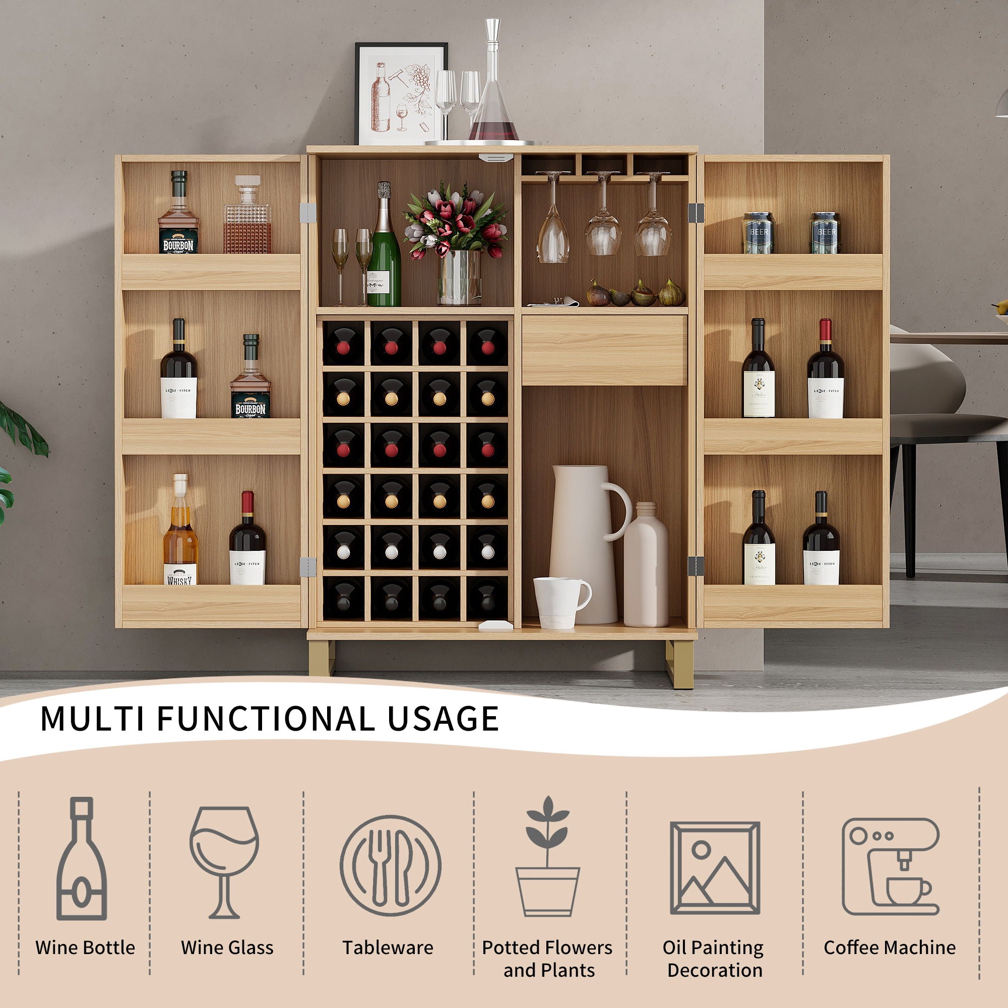 Modern Home Bar Cabinet Carved Wine Cabinet With Storage - Natural