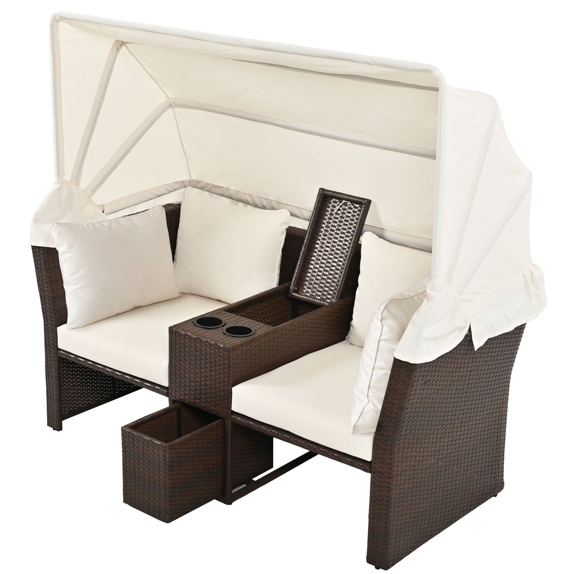 2 Seater Outdoor Patio Daybed Outdoor Double Daybed Outdoor Loveseat Sofa Set With Foldable Awning And Cushions For Garden, Balcony, Poolside