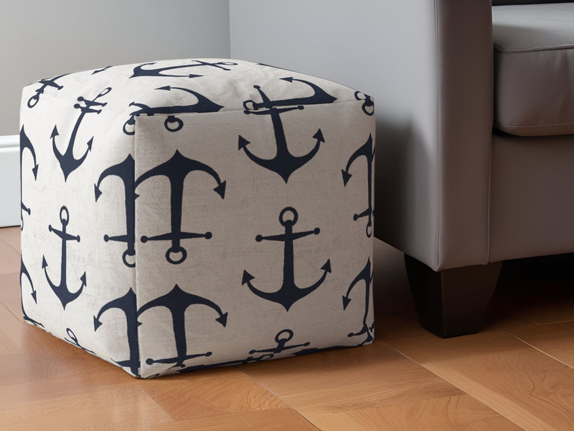 Canvas Anchor Pouf Ottoman - Blue / Gray