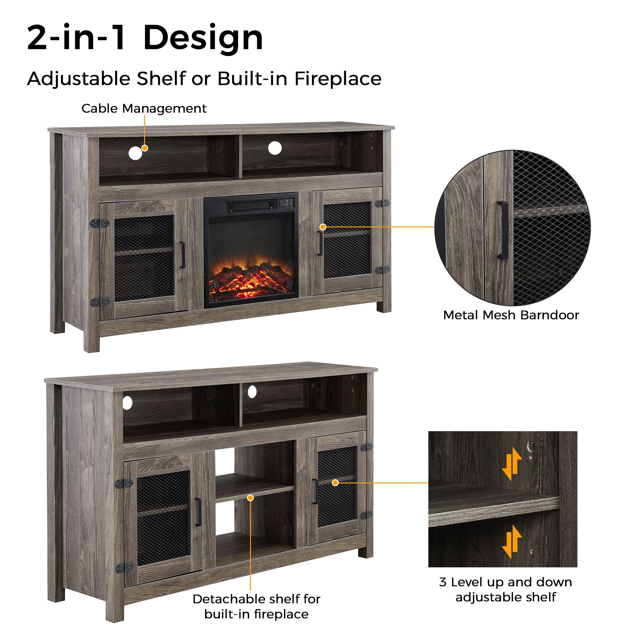 Modern Farmhouse TV Stand With Electric Fireplace, Fit Up To Flat Screen TV With Storage Cabinet And Adjustable Shelves Industrial Entertainment Center For Living Room - Gray