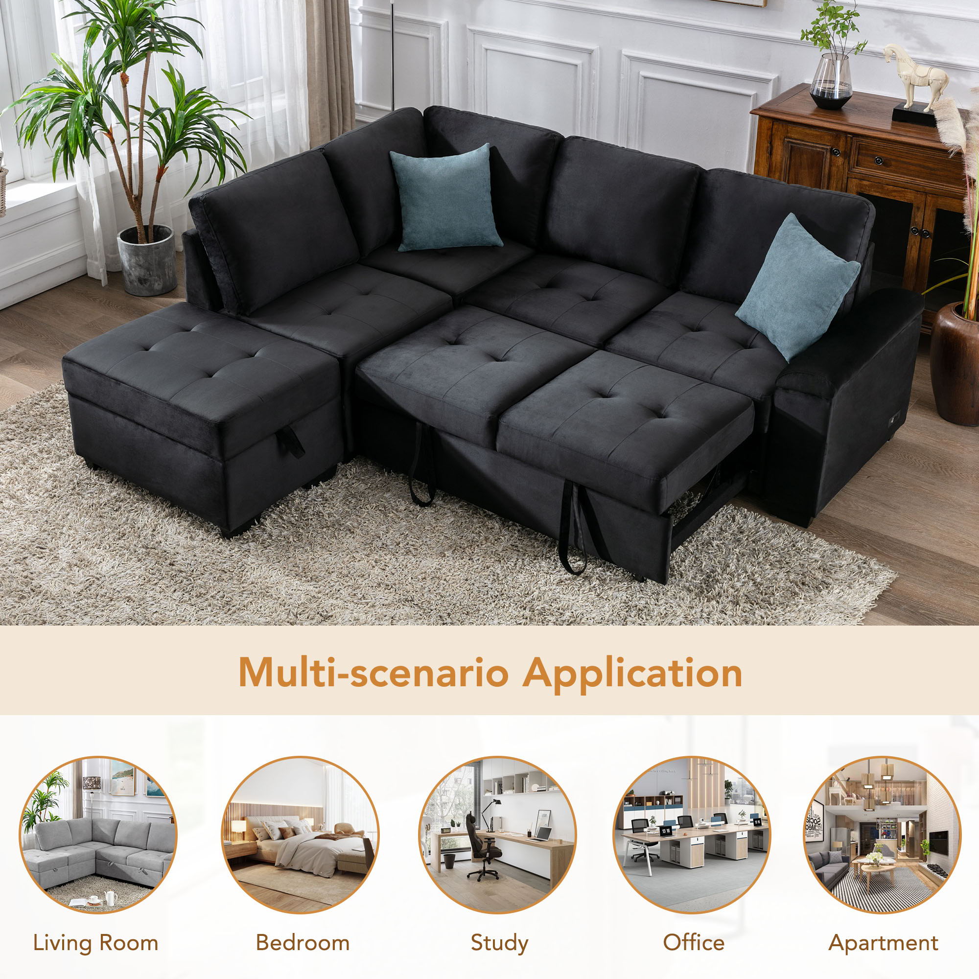 Sleeper Sectional Sofa, L-Shape Corner Couch Sofa Bed With Storage Ottoman & Hidden Arm Storage & USB Charge For Living Room Apartment