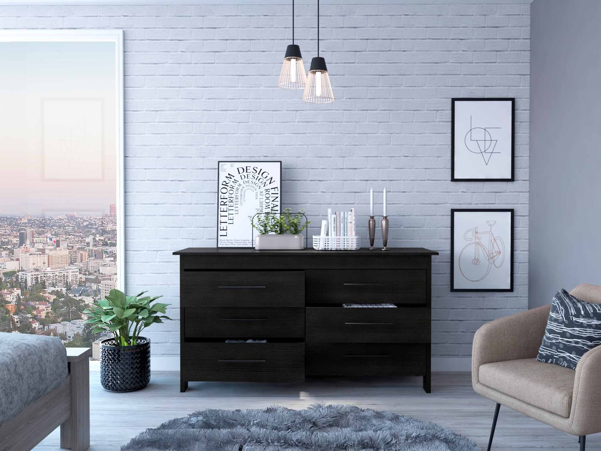 Six Drawer Wooden Double Dresser - Black