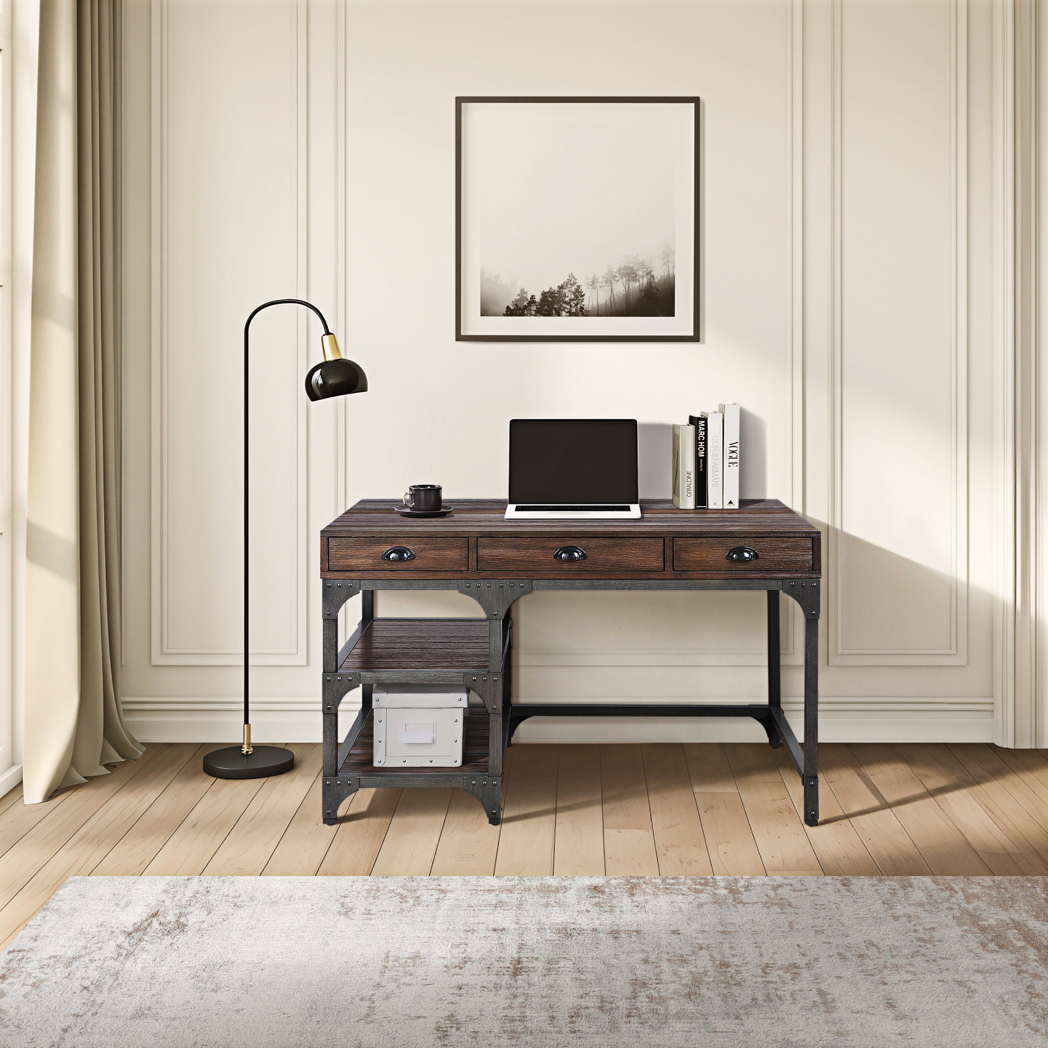 Antique Metal Writing Desk - Espresso / Oak