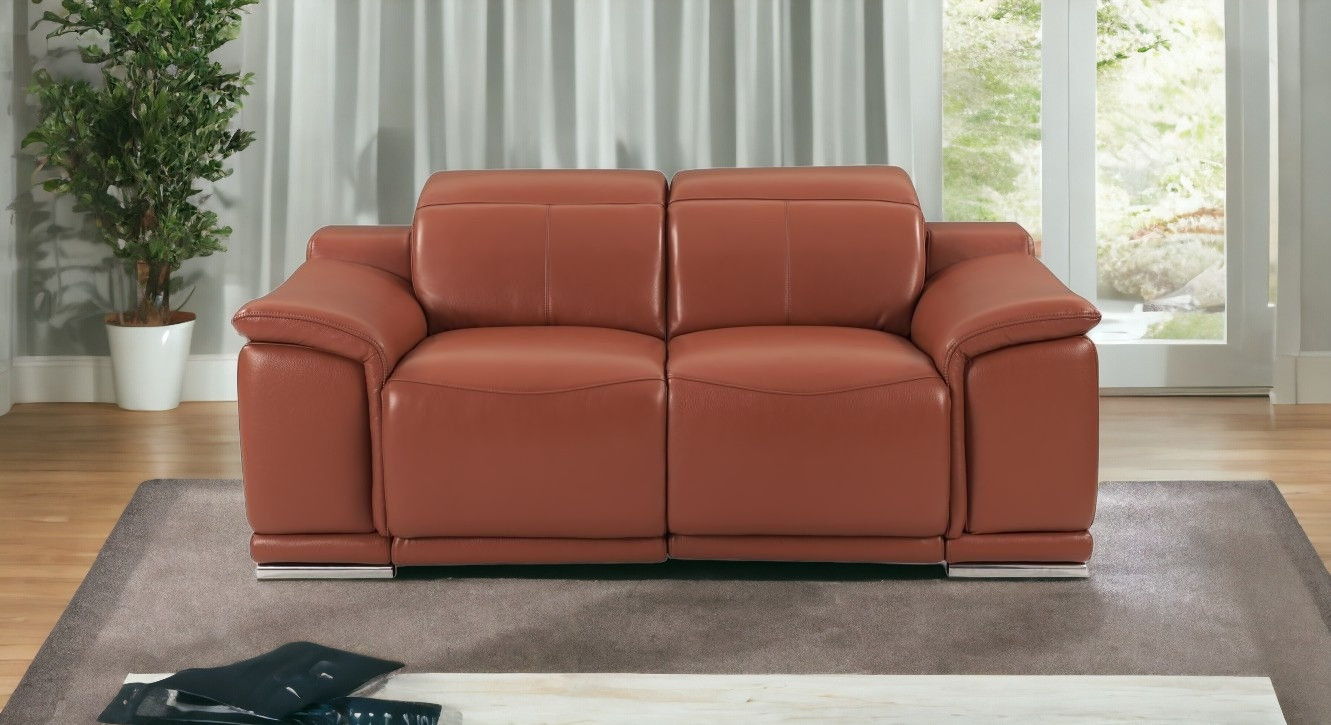 Italian Leather Power Reclining Love Seat - Camel / Silver