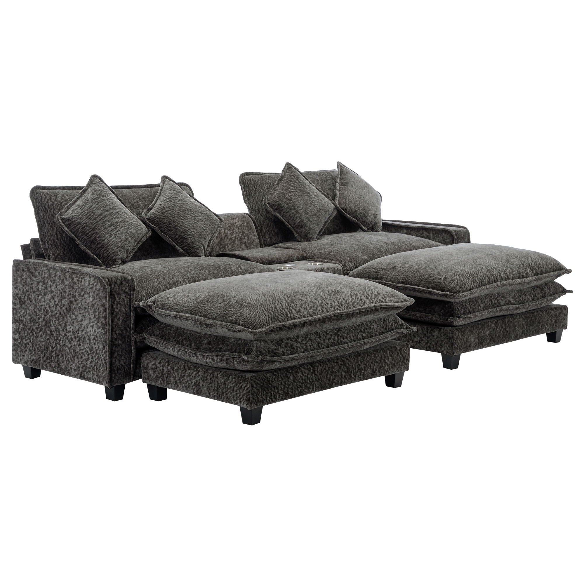 Sectional Sofa Chenille Upholstered Sofa With Two Removable Ottoman, Two USB Ports, Two Cup Holders And Large Storage Box For Living Room