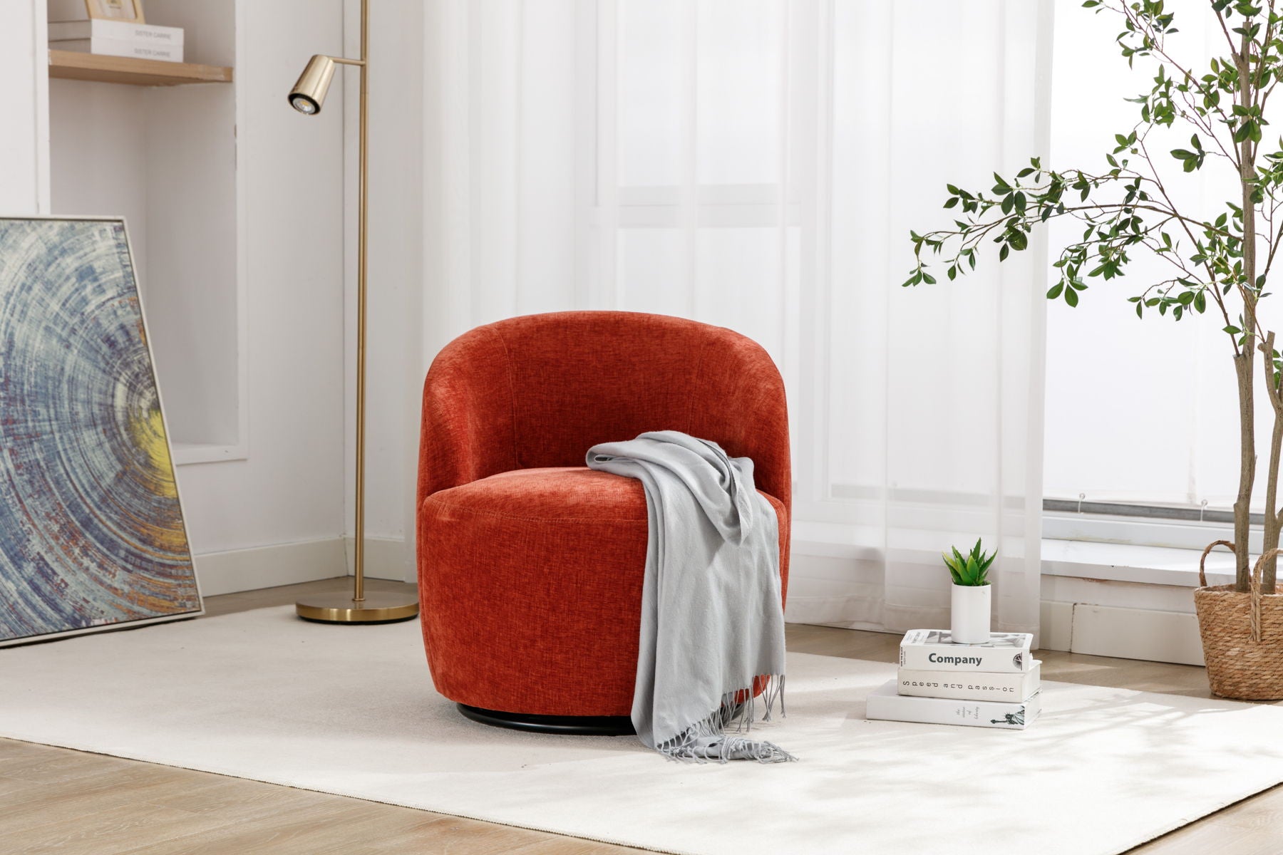 Chenille Fabric Swivel Accent Armchair Barrel Chair With Powder Coating Metal Ring