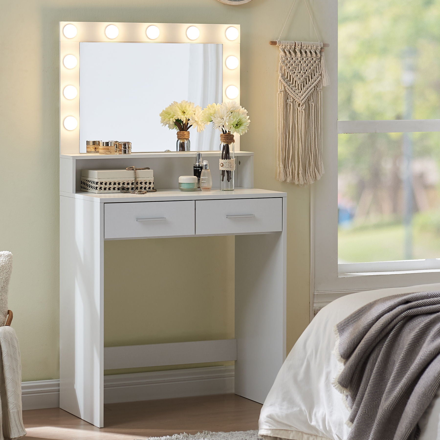 Vanity Desk With Mirror And Lights, Dressing Table With Large Drawer, 2 Level Storage Dresser & 3 Lighting Modes Adjustable Brightness, Suitable For Bedroom