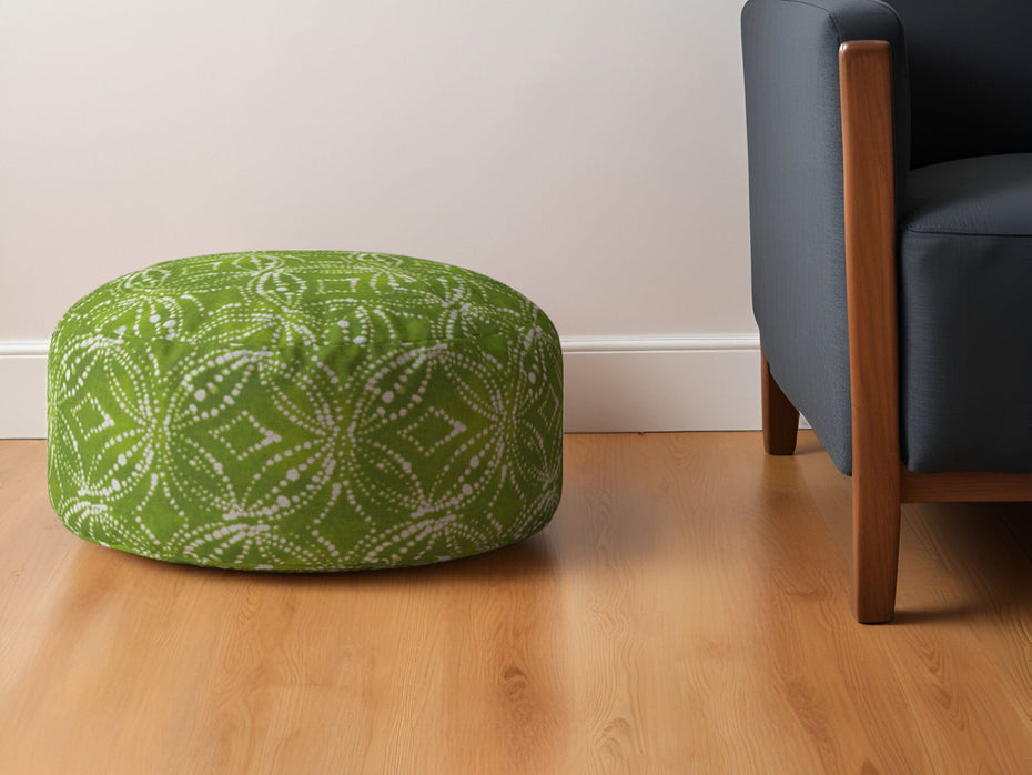 Cotton Round Damask Pouf Ottoman - Green / White