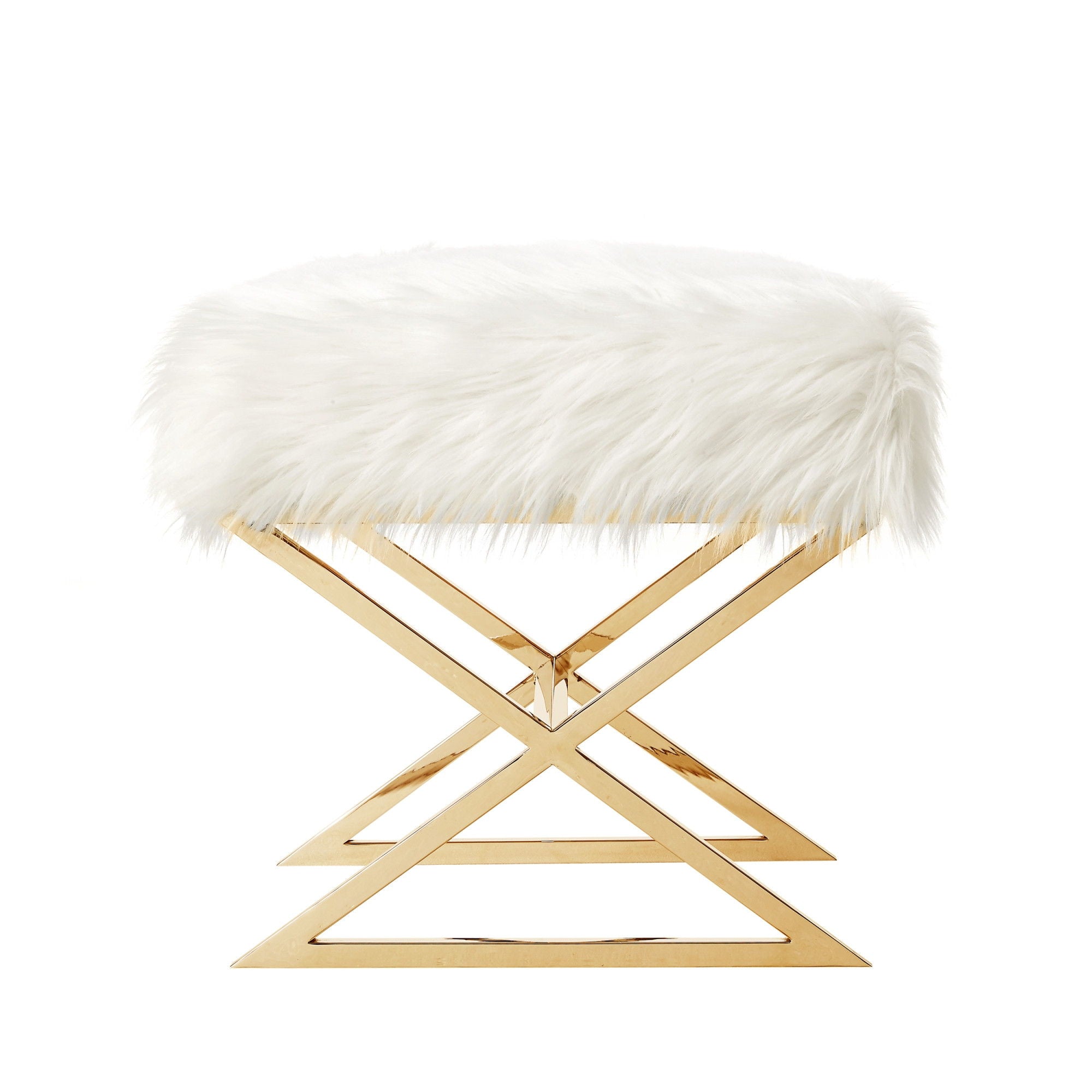 Faux Fur Ottoman - White / Brass