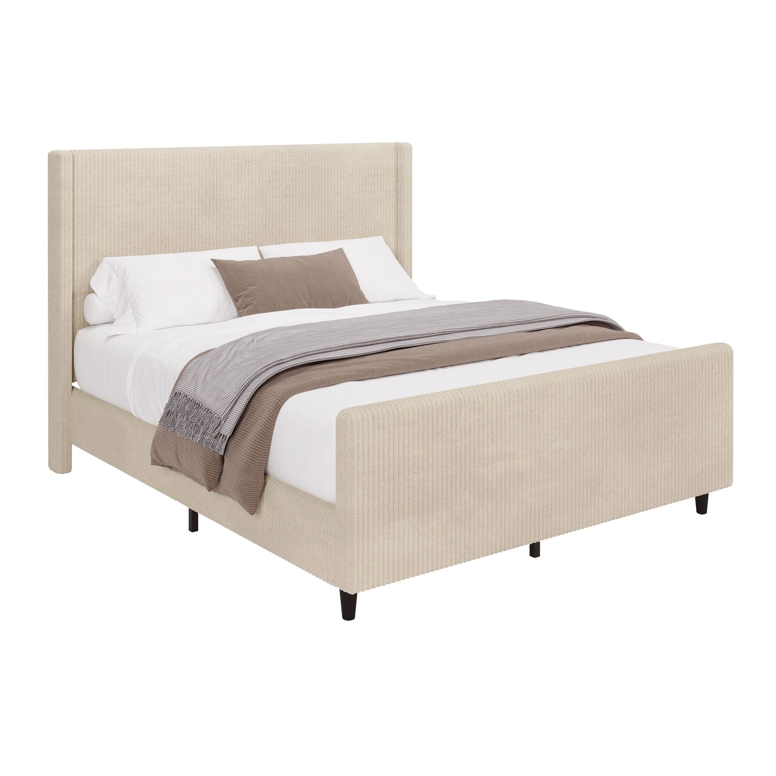 Corduroy Upholstered Bed Frame With Vertical Stripe Wingback And High Footboard No Box Spring Needed