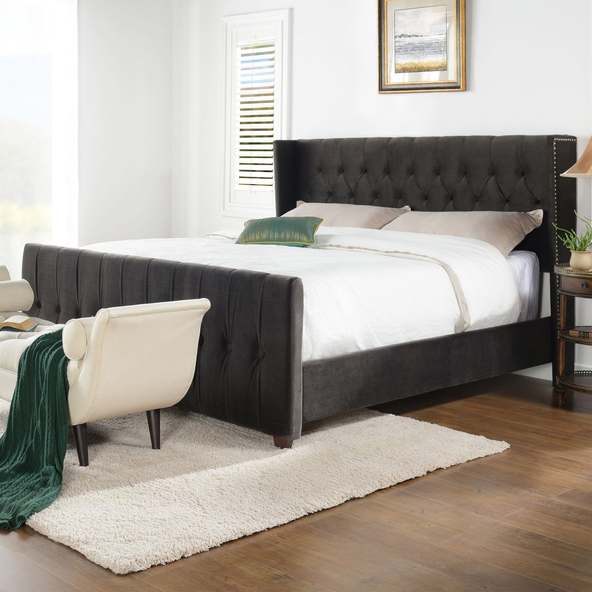 David - King Tufted Wingback Bed - Dark Charcoal Gray by Jennifer Taylor Home | Bel Furniture