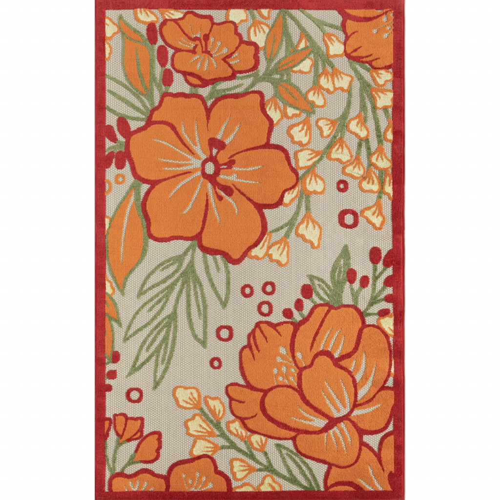 8' X 10' Floral Stain Resistant Indoor / Outdoor Area Rug - Orange / Ivory