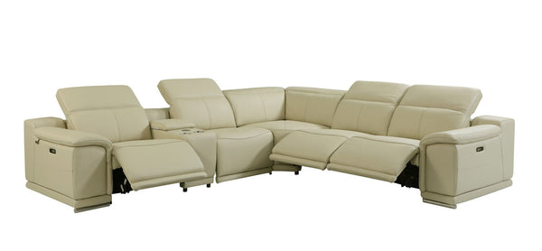 Italian Leather Power Reclining U Shaped Six Piece Corner Sectional With Console - Beige