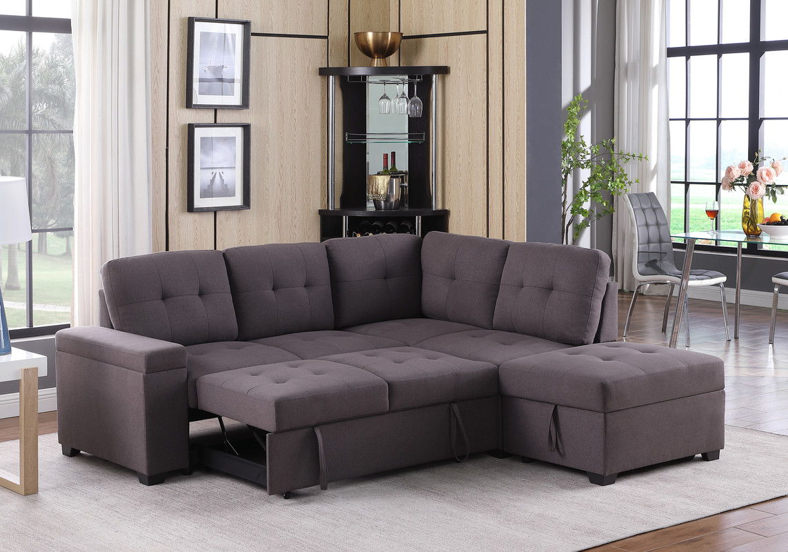 Katie - Linen Sleeper Sectional Sofa With Storage Ottoman, Storage Arm - Brown