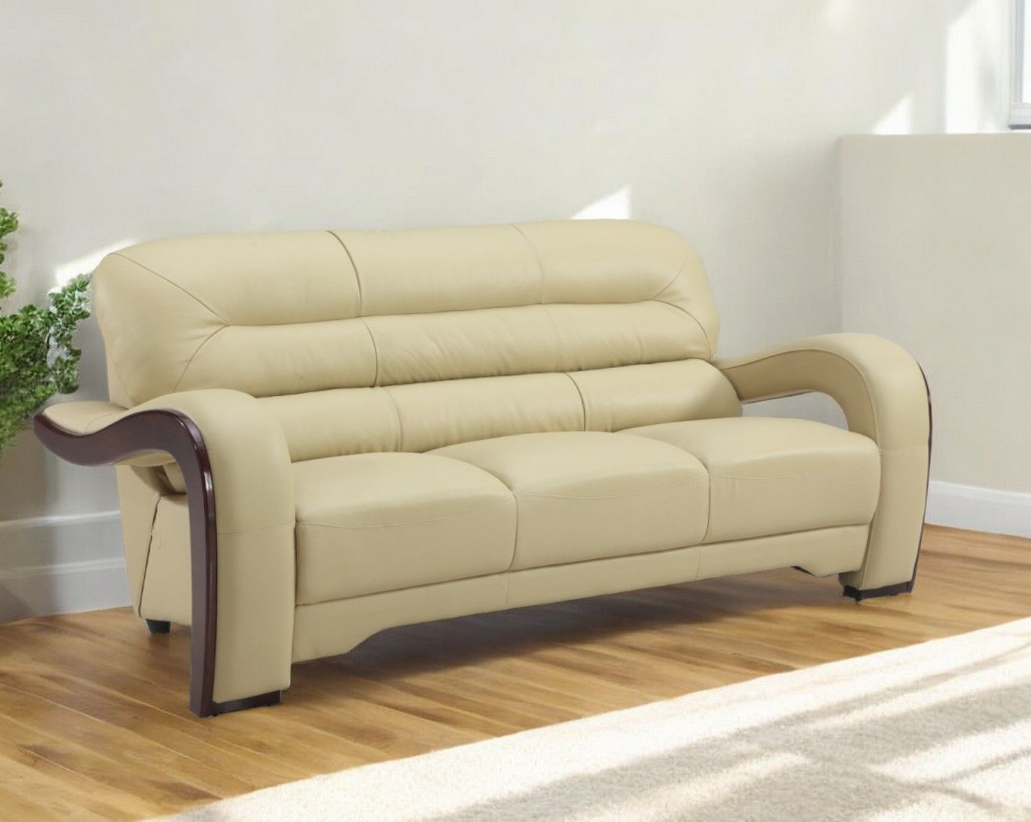 Leather Sofa With Silver Legs - Beige