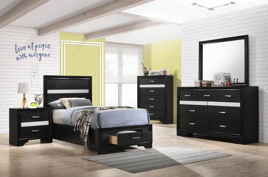 Miranda - Storage Bedroom Set Black 4 Pc. Bed, Nightstand, Dresser, Mirror Twin by CoasterEveryday | Bel Furniture