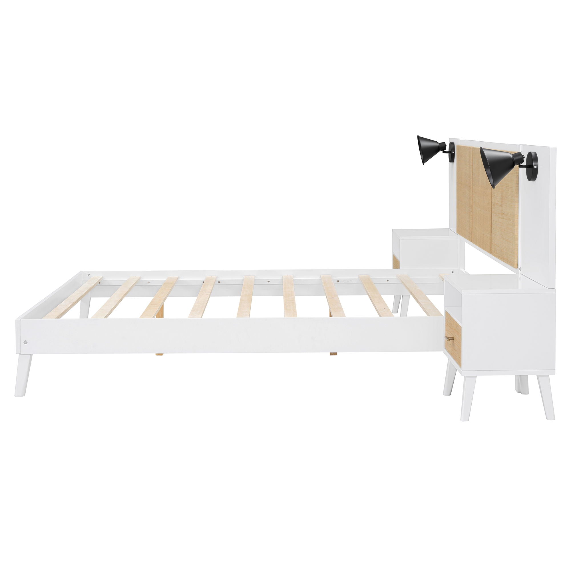 Solid Wood Bed Frame With 2 Nightstands, Elegant Design With Lamps, Rattan And Wood Combination