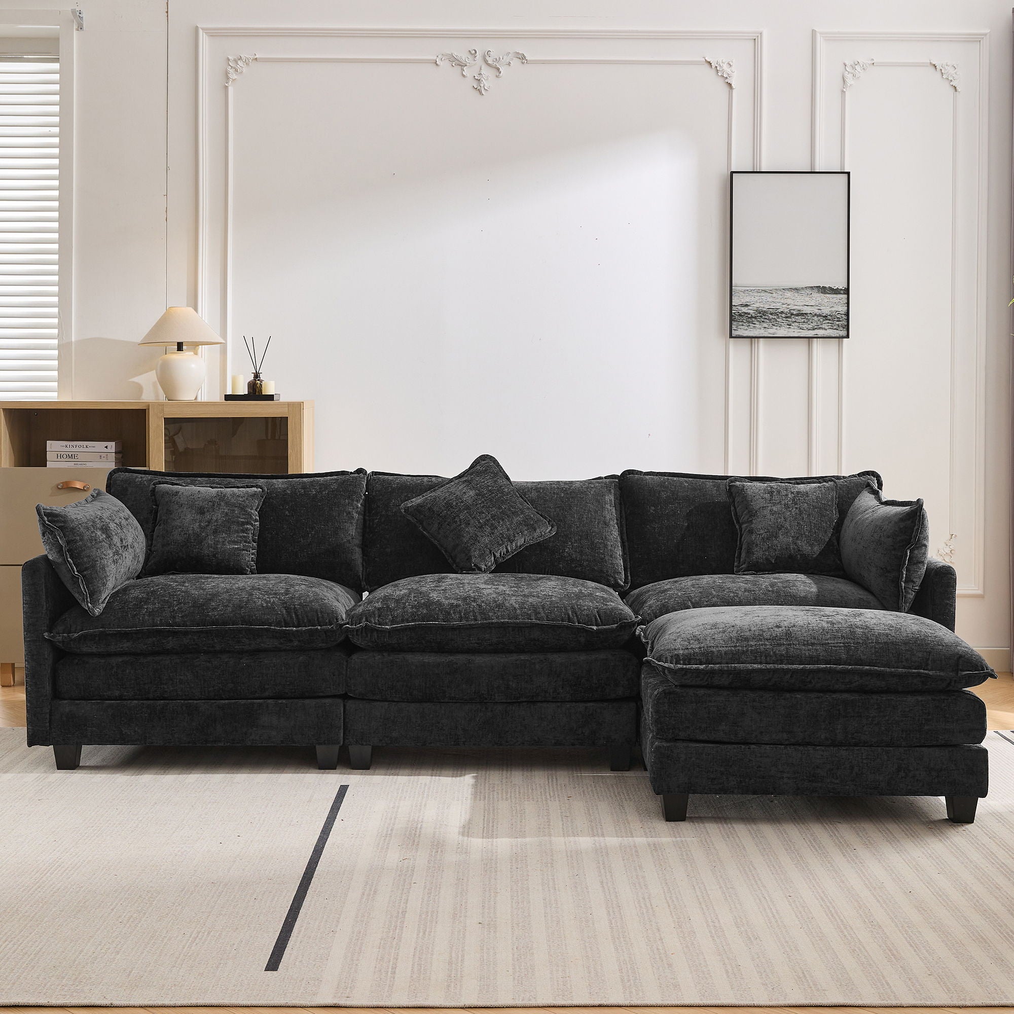 L-Shape Chenille Upholstered Sofa For Living Room Modern Luxury Sofa Couch With Ottoman And 5 Pillows For Living Room