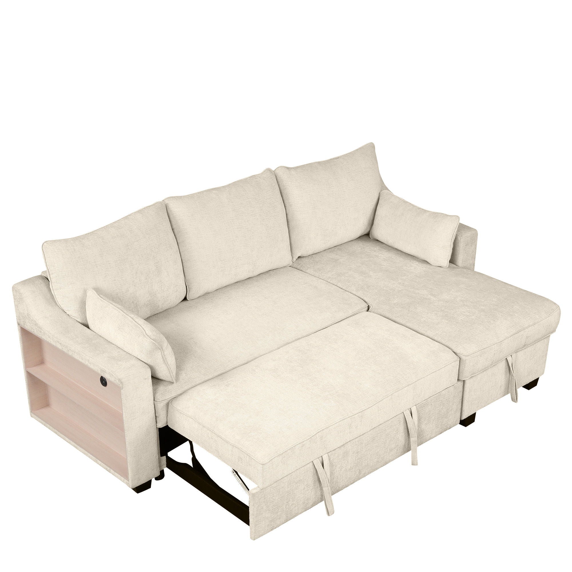 Pull Out Sleeper Sofa L-Shaped Couch Convertible Sofa Bed With Storage Chaise, Storage Racks And USB Ports