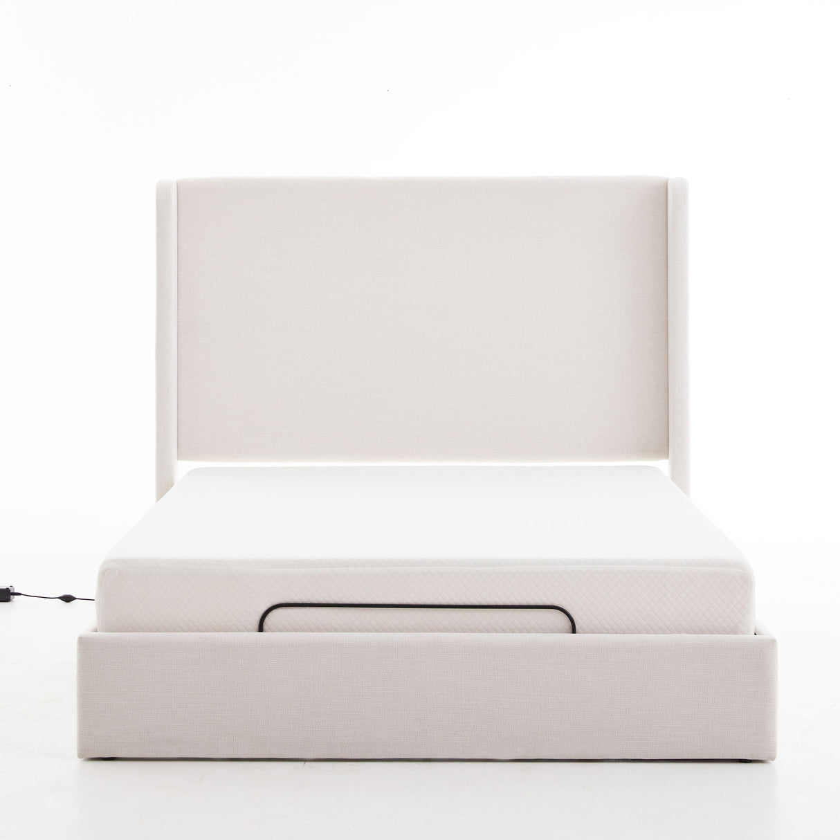 Caron - Queen Size Upholstered Wingback Bed With Adjustable Base Bundle Set - Ivory