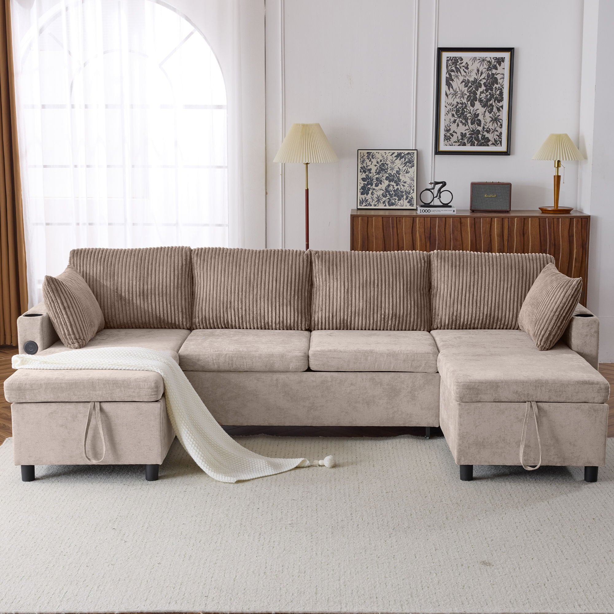 Sectional Sofa Pull Out Sofa Bed Versatile Sofa Sleeper With Large Storage Space, Two USB Ports And Two Cup Holders For Living Room