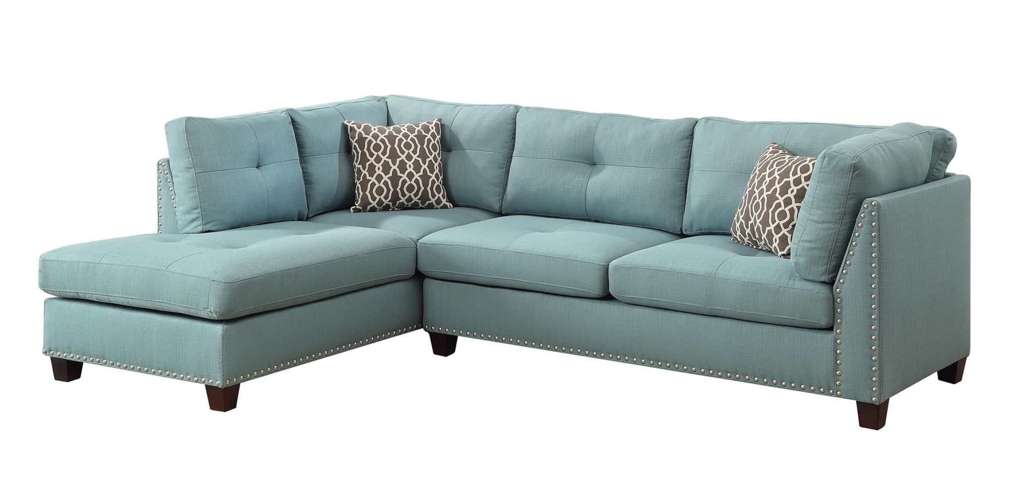 Teal Linen L Shaped Three Piece Sofa And Chaise Sectional And Toss Pillows - Blue