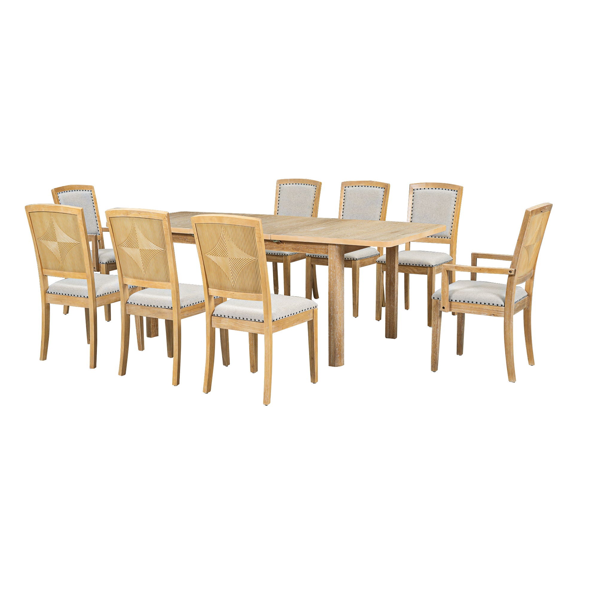 Topmax - Rustic Extendable Dining Table Set With Removable Leaf, 6 Upholstered Armless Dining Chairs And 2 Padded Arm Chairs, 9 Pieces