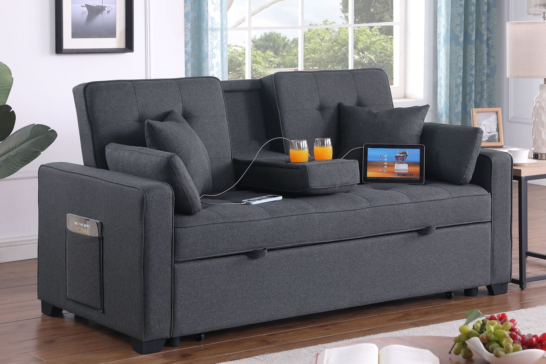 Cody II - Convertible Sleeper Loveseat With Cup Holder, Charging Ports and Pocket - Dark Gray