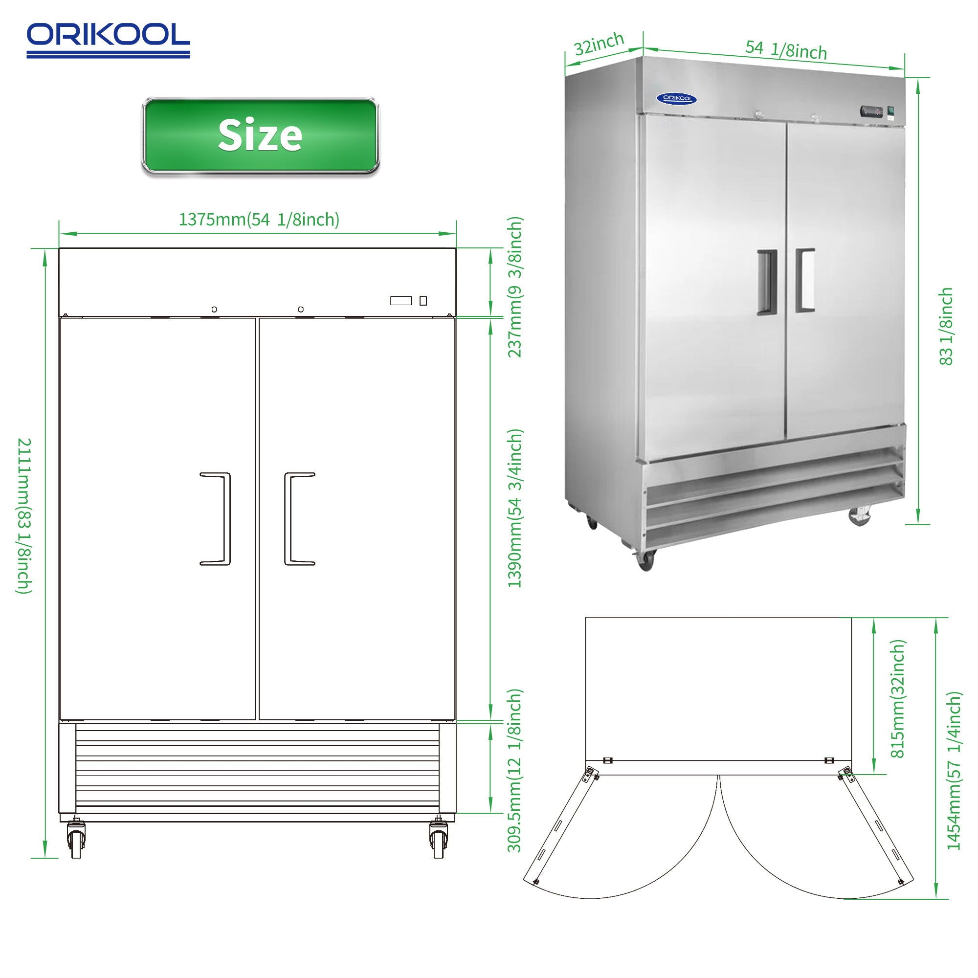 54" Commercial Refrigerator 49 Cu.Ft With 2 Solid Door Reach-In Refrigerators Stainless Steel Etl Approved Upright Fridge Storage - Silver