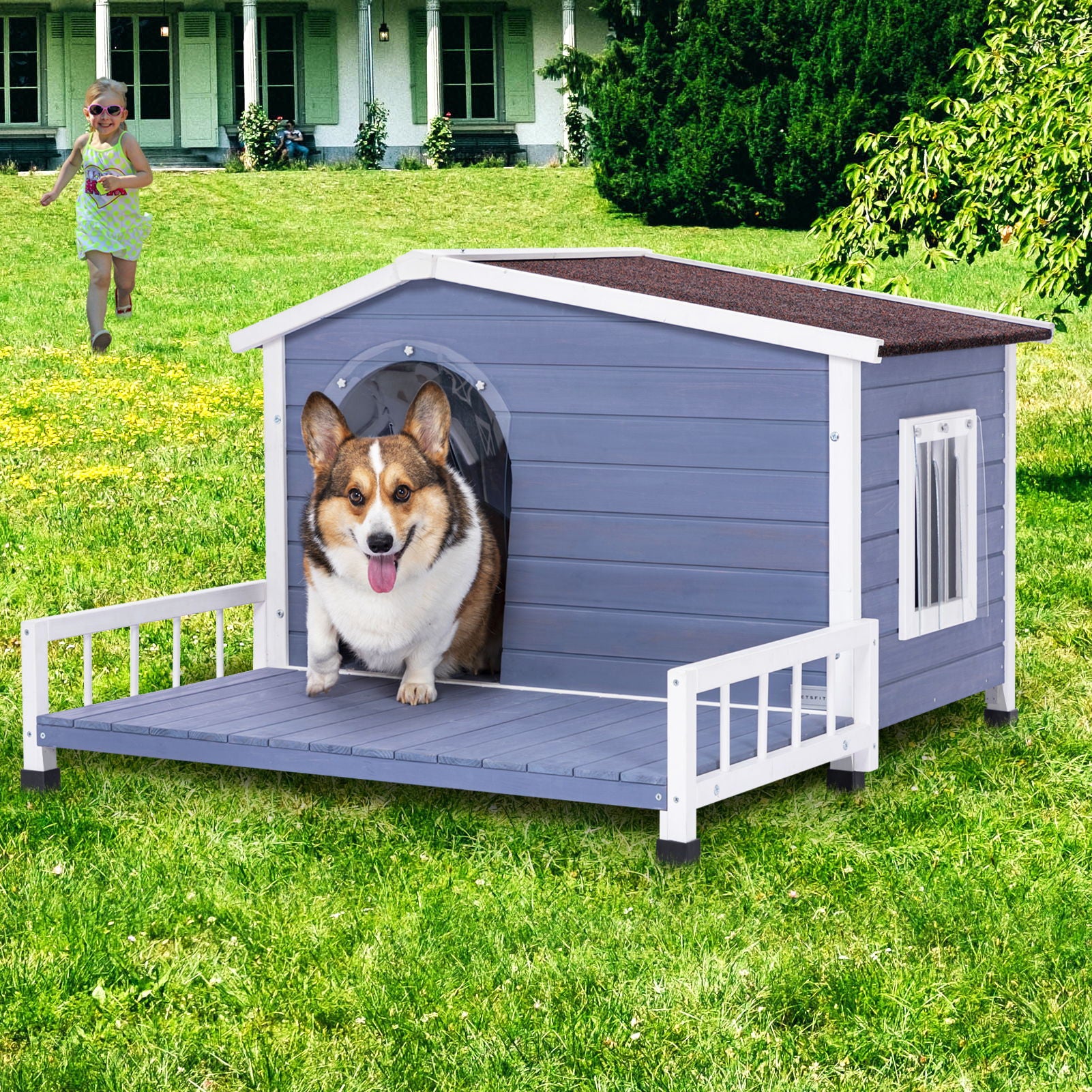 Large Wooden Dog House Indoor Outdoor With Terrace And Open Waterproof Asphalt Roof, Outdoor Dog House With Raised Floor, Windows And Door Curtains, Suitable For Small And Medium Dogs - Gray