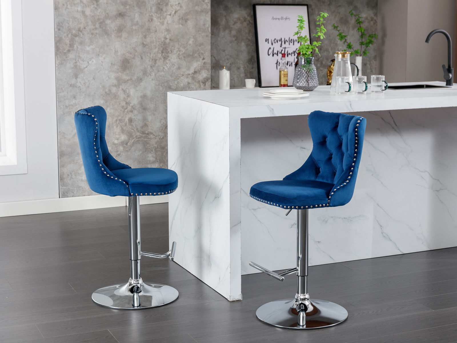 Swivel Velvet Barstools Adjusatble Seat Height From 25-33", Modern Upholstered Chrome Base Bar Stools With Backs Comfortable Tufted For Home Pub And Kitchen Island (Set of 2)