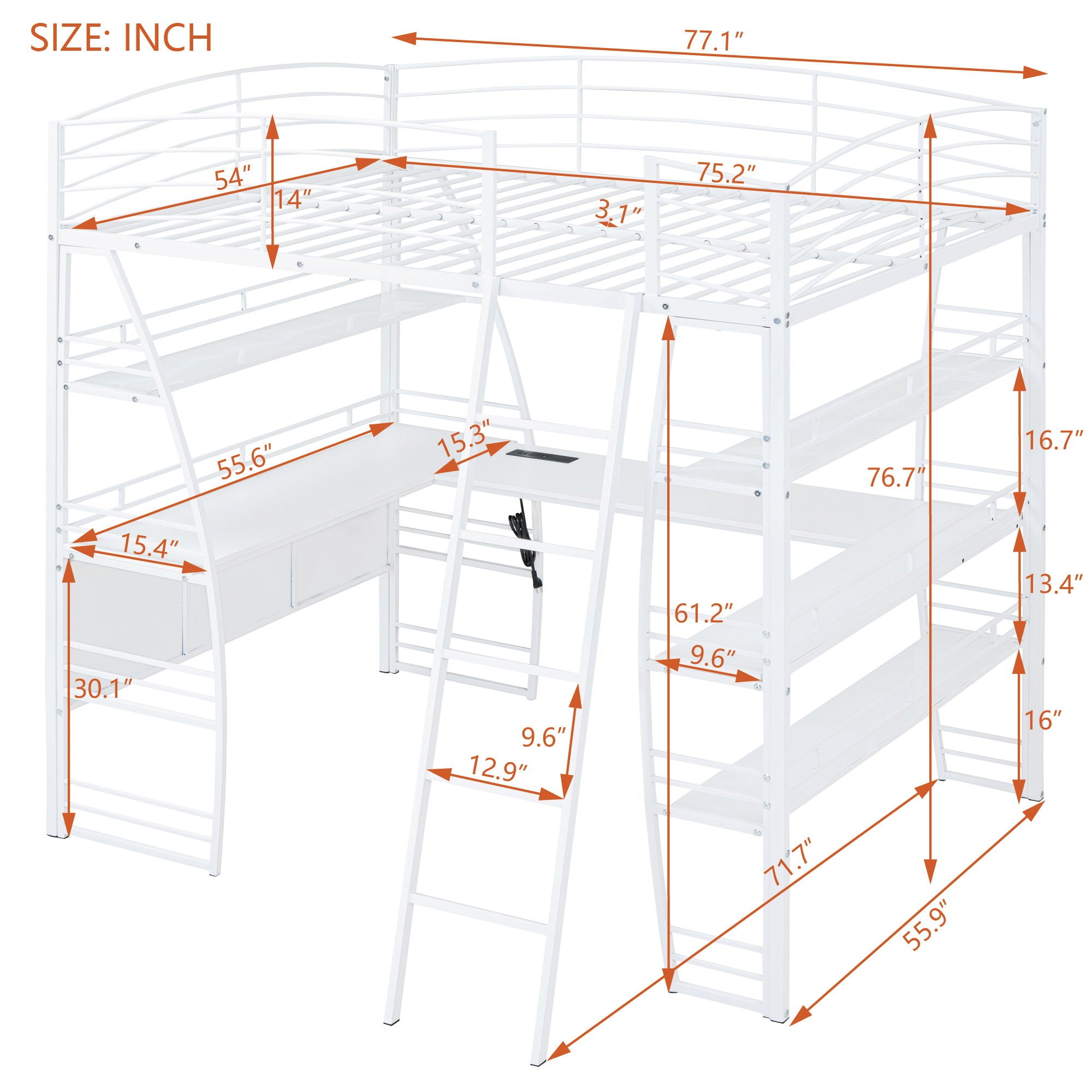 Loft Bed With 4 Layers Of Shelves And L-Shaped Desk, Stylish Metal Frame Bed With A Set Of Sockets, USB Ports And And Wireless Charging