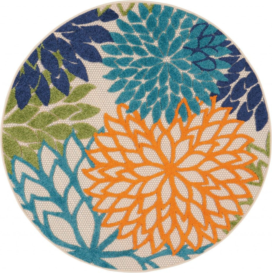 4' Round Round Floral Indoor / Outdoor Area Rug - Ivory / Blue