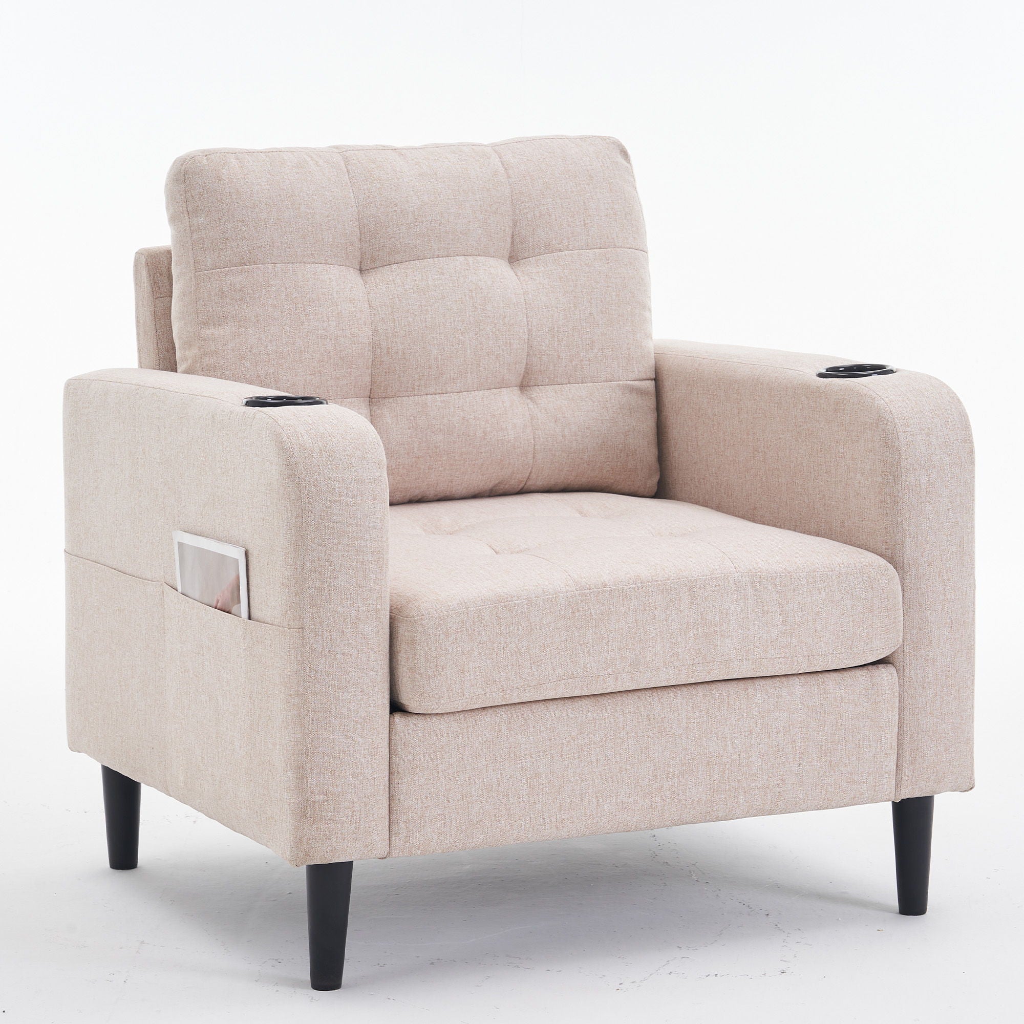 Upholstered Armchair And Storage Ottoman Set, Comfortable Single Sofa With Cup Holders And Tufted Detailing, Ideal For Living Room Or Bedroom