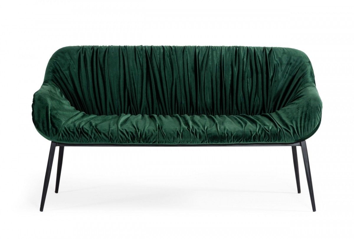 Upholstered Velvet Dining Bench - Green / Dark Brown