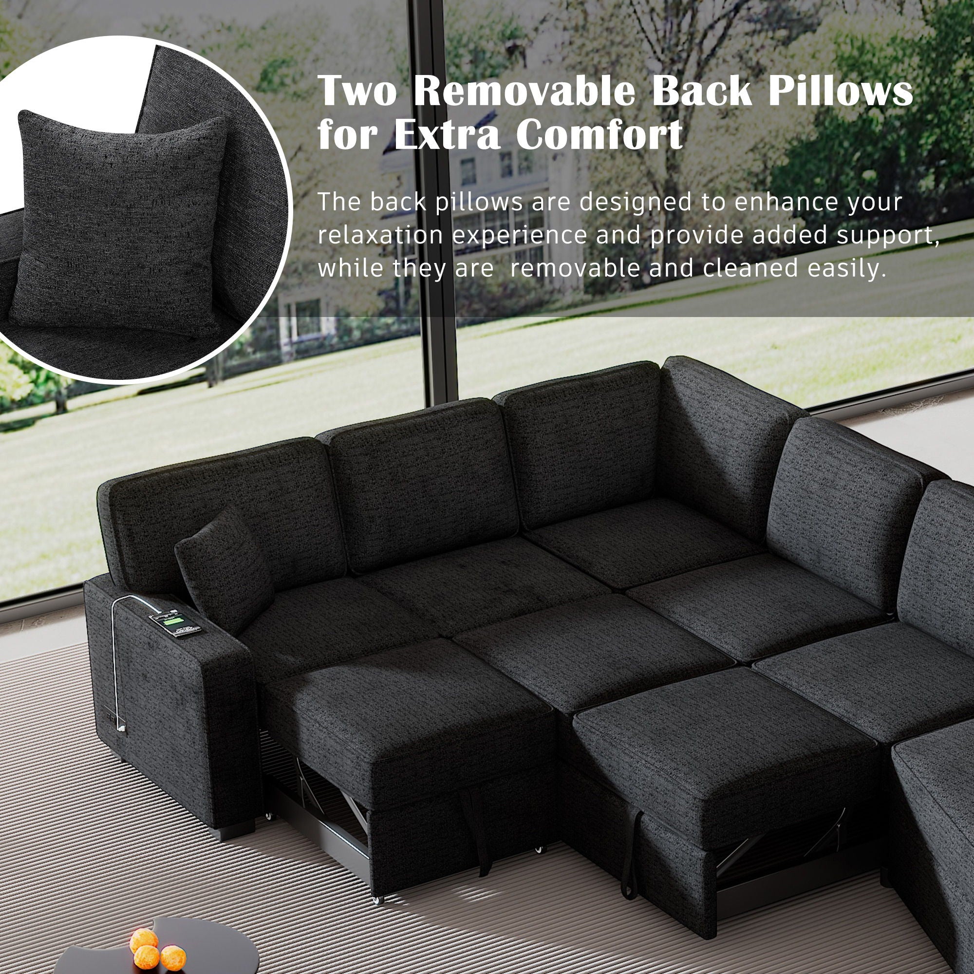 L-Shaped Sofa Sectional Sofa Couch Pull-Out Sofa Bed With Charging Devices And Cup Holders For Living Room