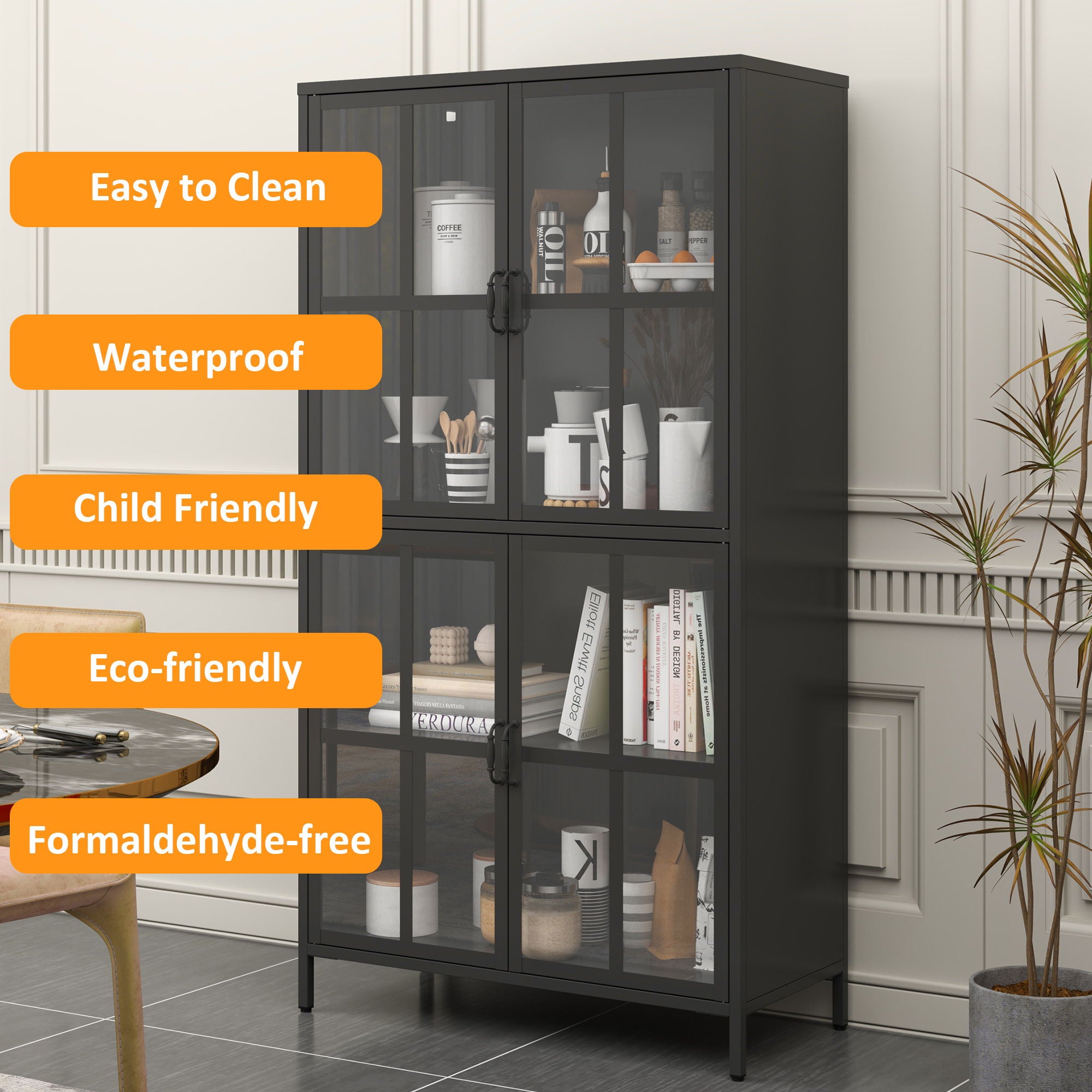 Premium Metal Storage Cabinet With Tempered Glass Doors, Adjustable Shelves, Anti-Tipping Device, Magnetic Silent Closure, And Adjustable Feet For Home And Office Use