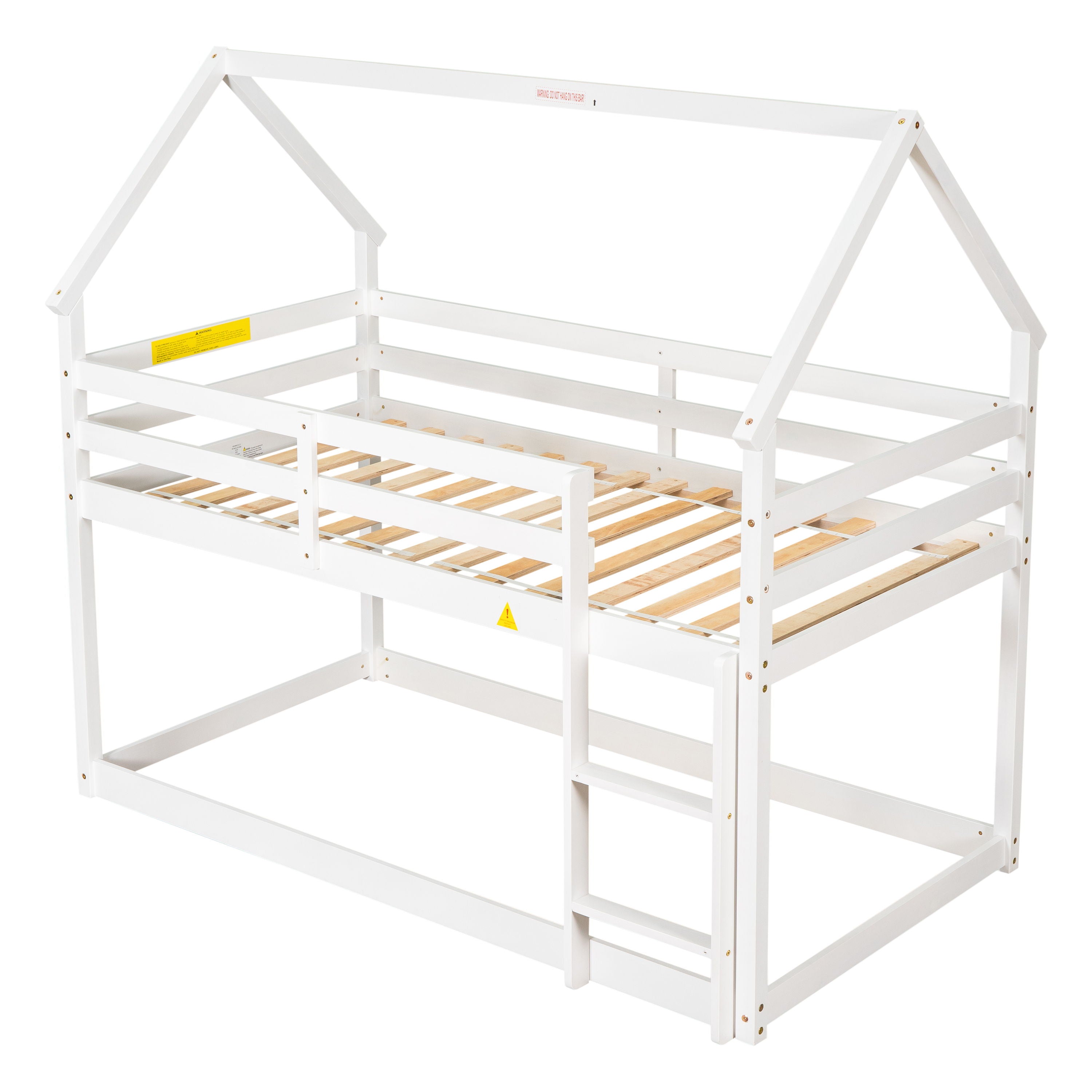 Twin Over Twin Loft Bed With Roof Design, Safety Guardrail, Ladder