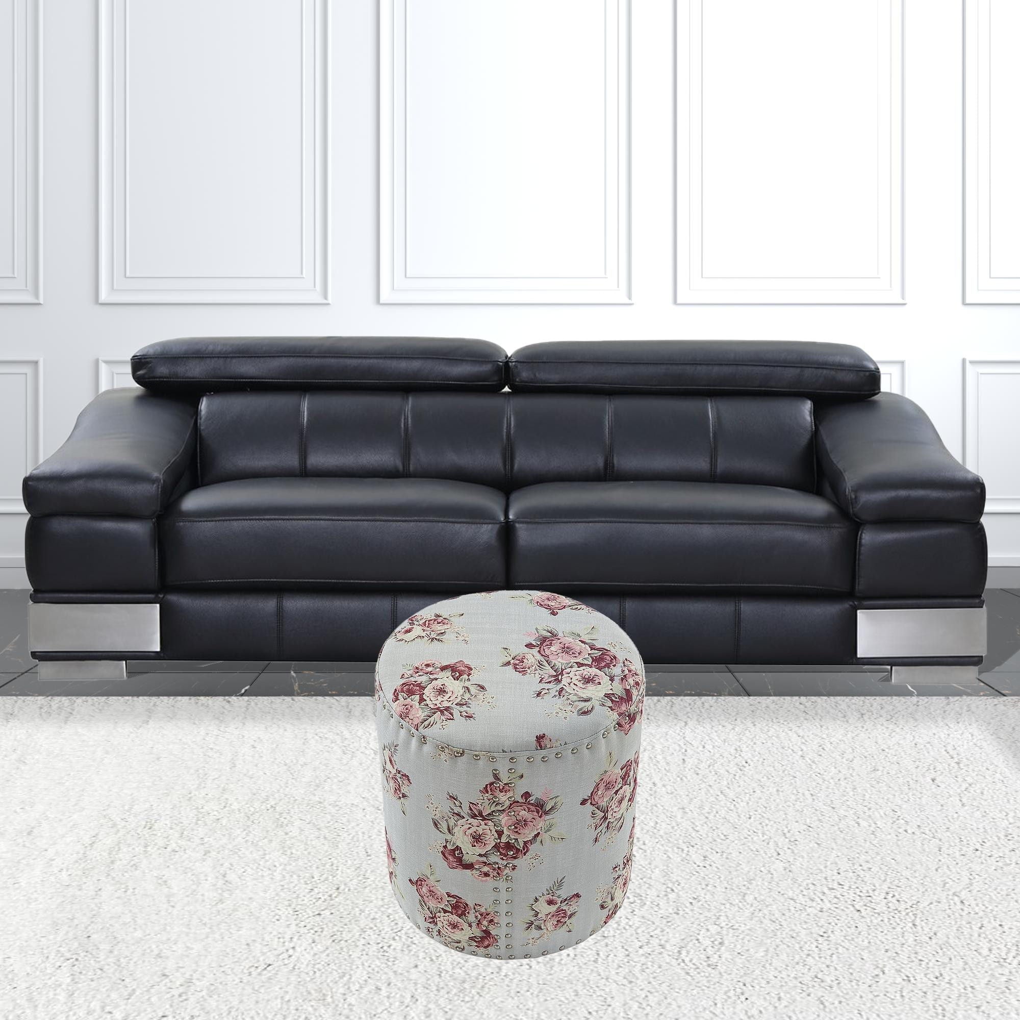 Linen Round Floral Ottoman - Pink