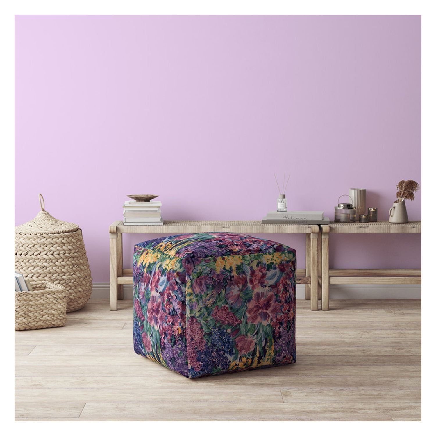 Cotton Floral Pouf Ottoman - Green