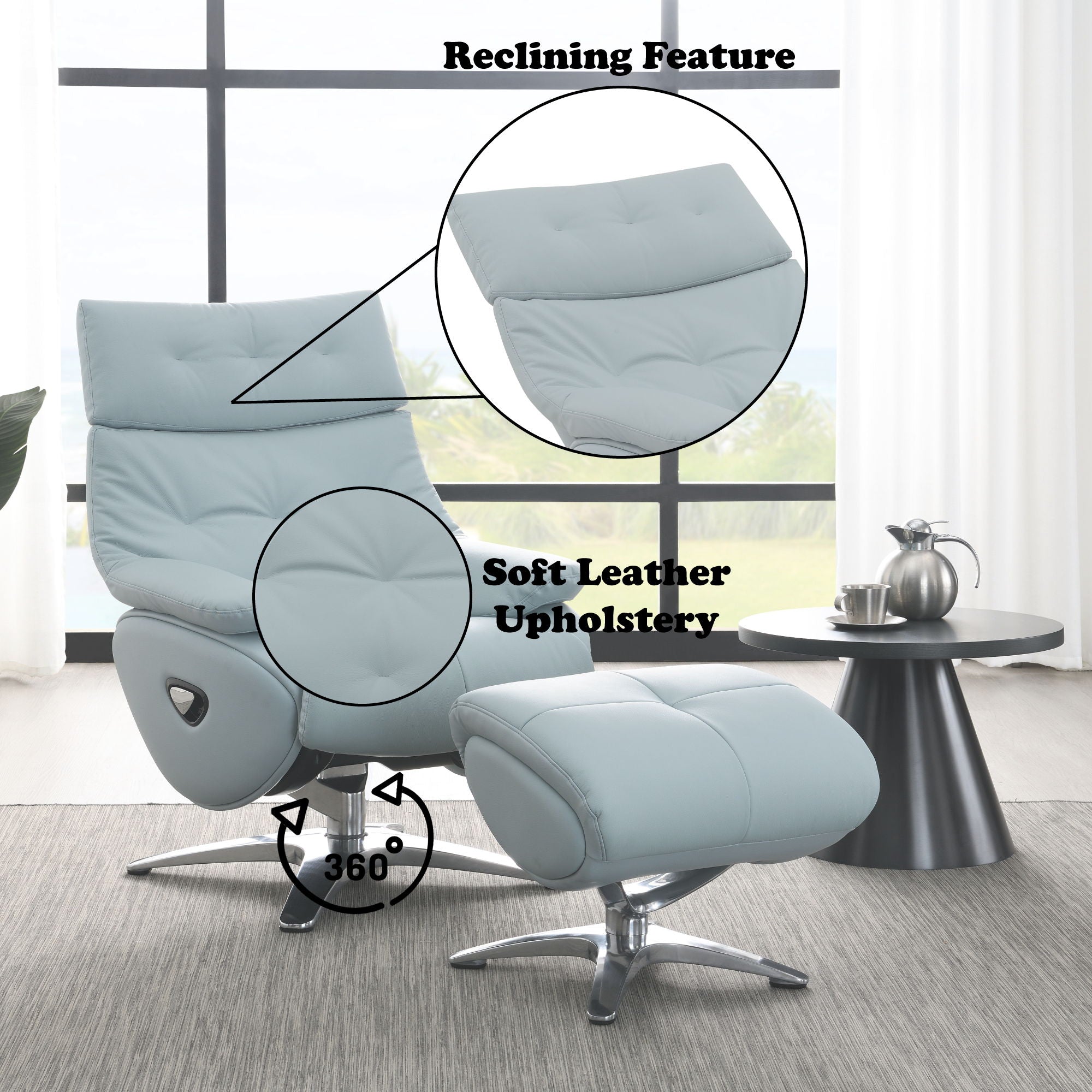 Janella - Top Grain Leather Accent Chair With Swivel & Ottoman - Baby Blue