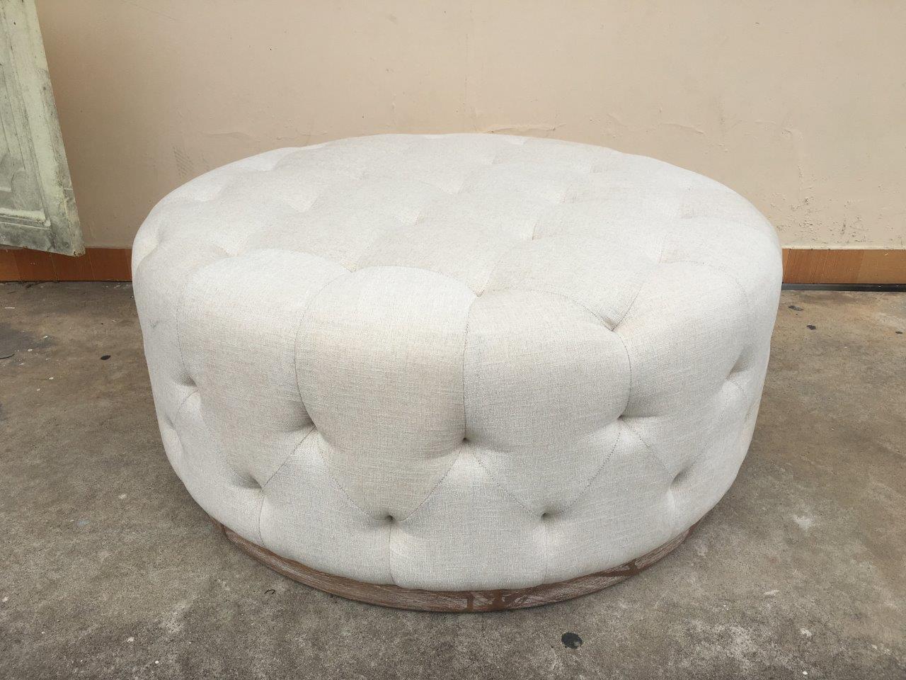 Velvet Tufted Round Ottoman - Ivory / Brown