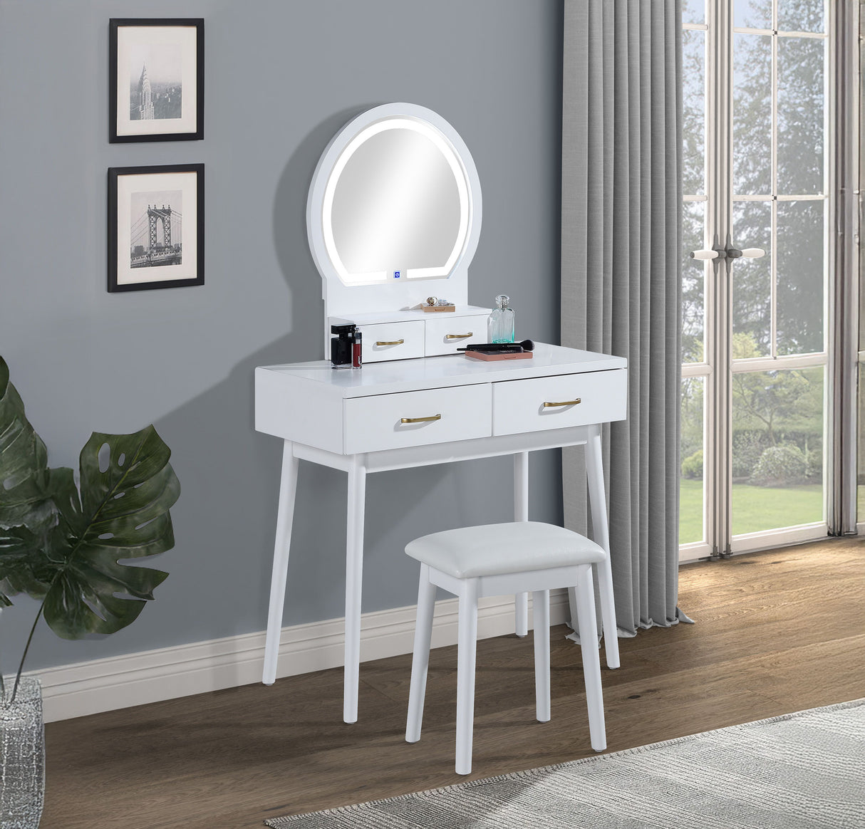 Cecilia - Vanity Table & Stool White by Crown Mark | Bel Furniture