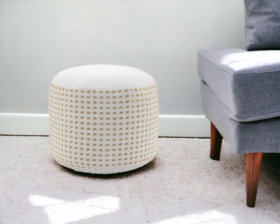 Jute Round Geometric Pouf Ottoman - White