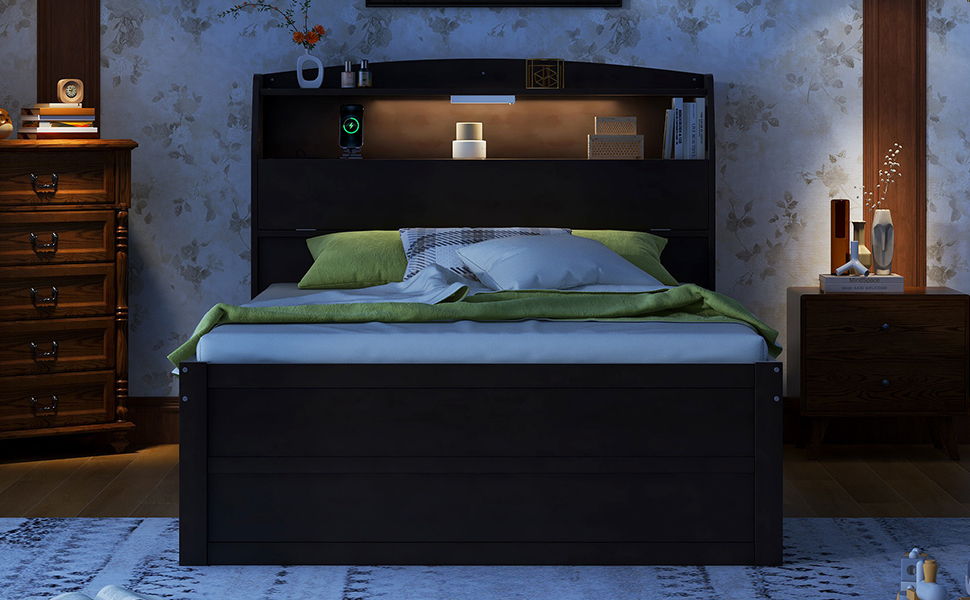 Wooden LED Platform Bed With Trundle, With Storage Headboard, With Drawers