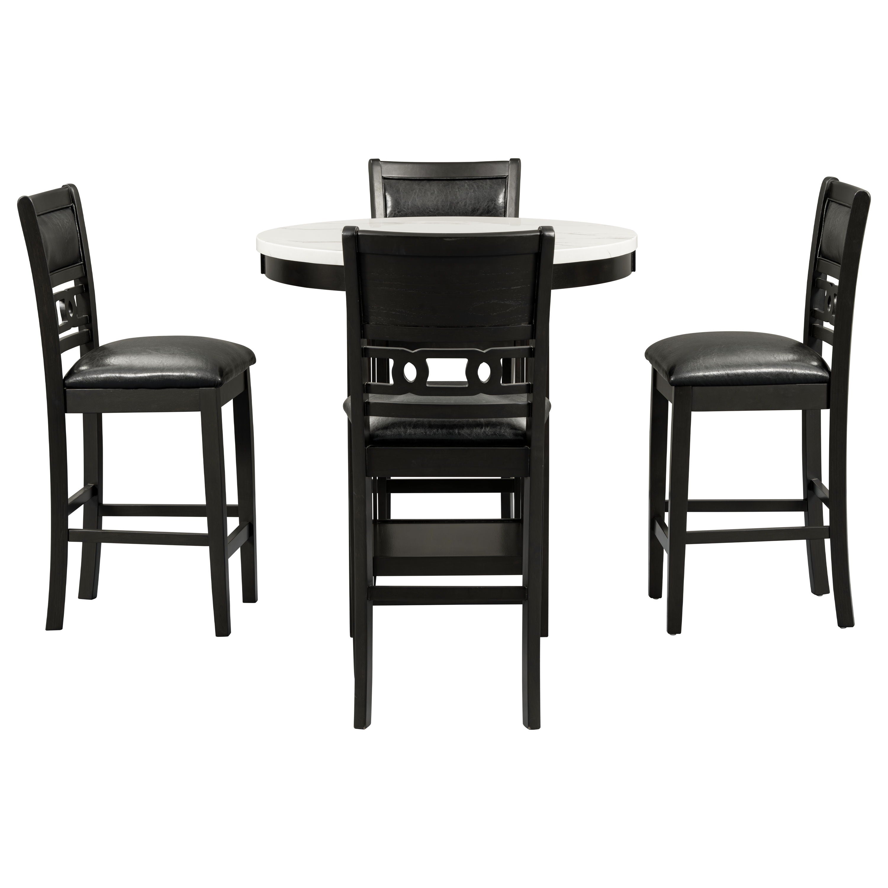 5 Piece Counter Height Dining Round Table Set With One Faux Marble Top Dining Table And Four Pu-Leather Chairs - Dark Espresso