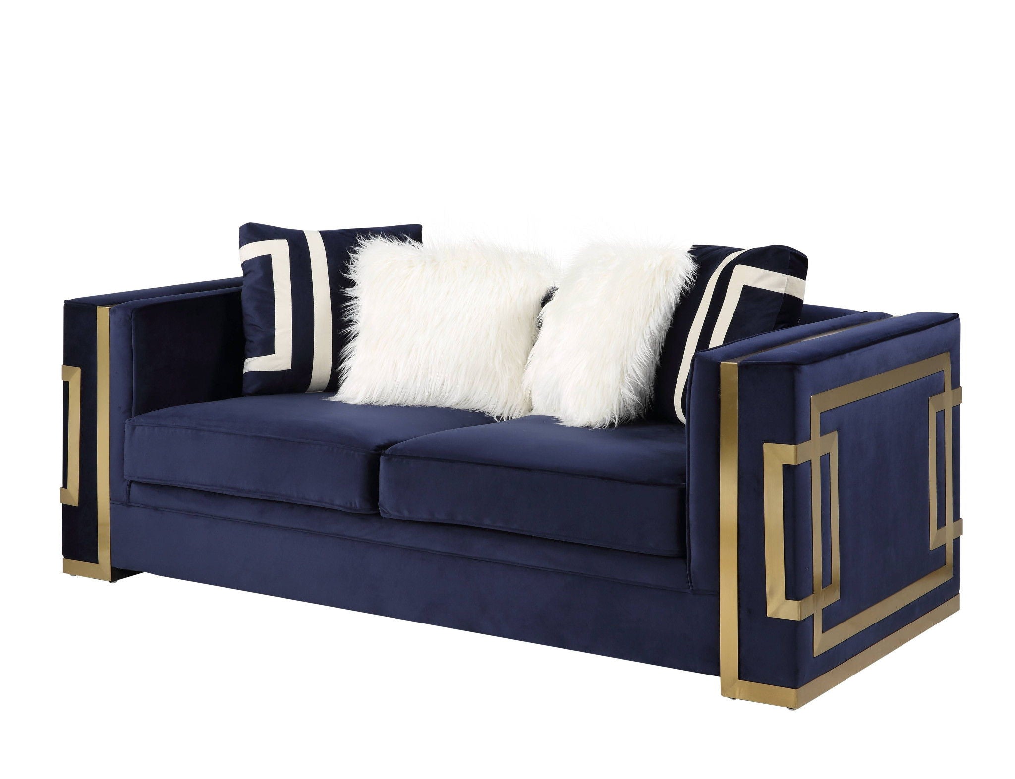 Velvet Loveseat And Toss Pillows - Blue / Gold