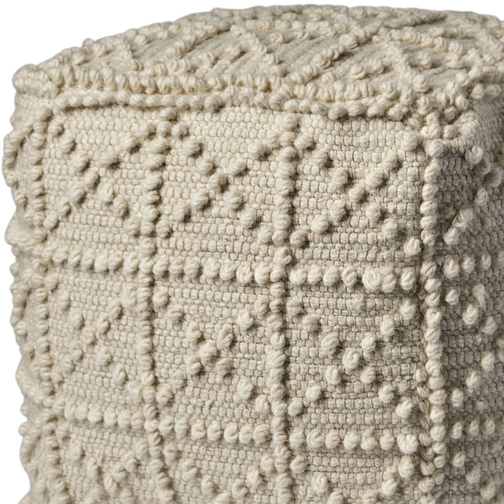 Wool Sqaure Pouf With Popcorn Detail - Ivory